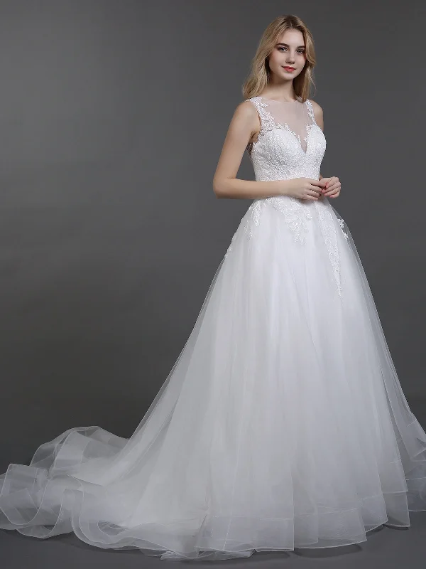 Illusion Neck Lace and Tulle Wedding Dress-Ivory