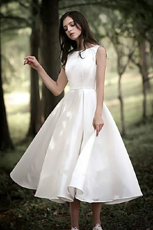 Chic Sleeveless Satin Tea-Length Wedding Gown Online