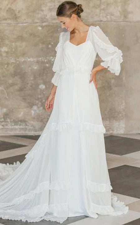 Flowy and Ethereal Long Sleeve Chiffon Wedding Dress with Tiered Court Train