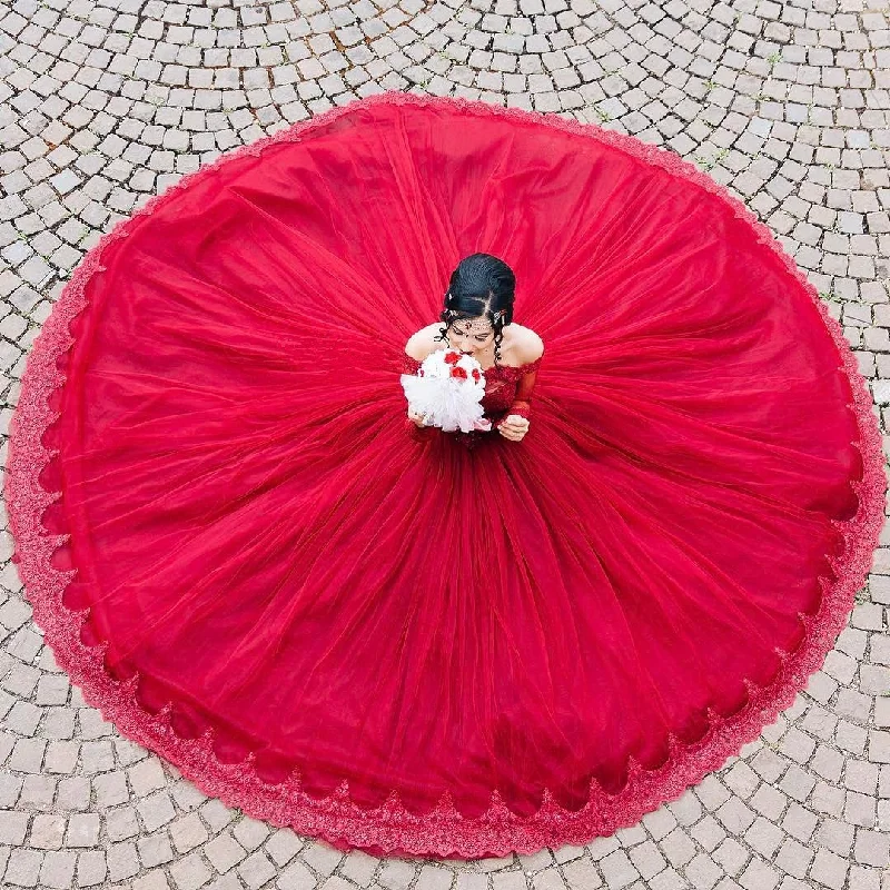 Maroon Tulle Long Sleeves Lace Wedding Dresses Ball Gowns