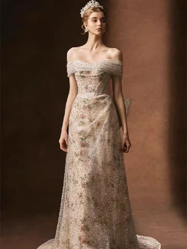 Off Shoulder A-line Floral Beaded Wedding Dresses, Newest Bridal Gown, Unique Wedding Dresses