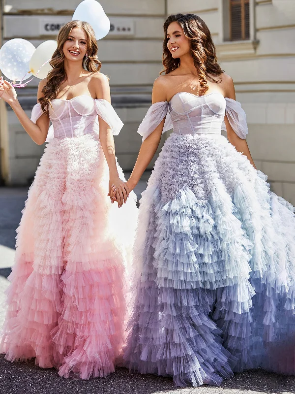 Off Shoulder Ruffle Tiered Tulle Ball Gown Dusty Blue