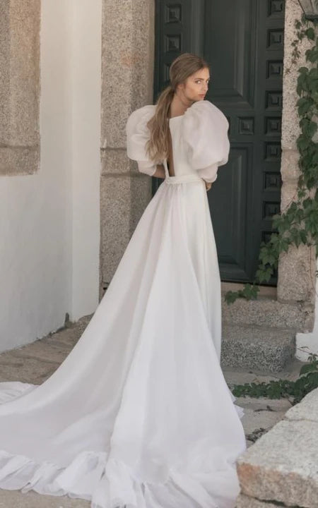 Puff-sleeve Bateau-neck Chiffon Sheath Sheer Wedding Dress with Sweep Train