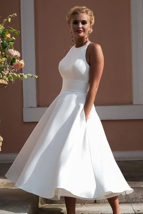 Sleeveless Tea-length Wedding Dress with Lace Hollow Back