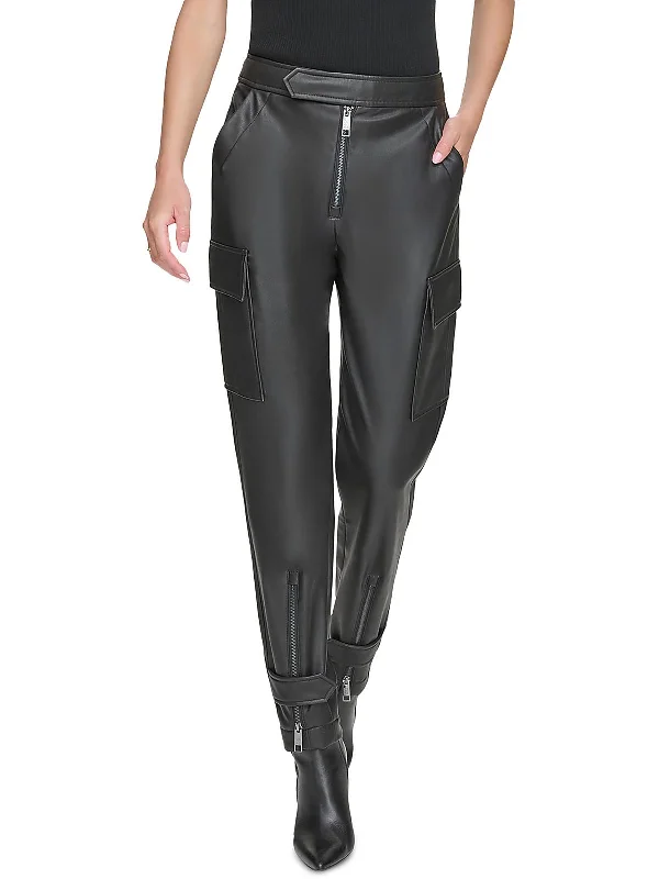 Womens Faux Leather High Rise Cargo Pants