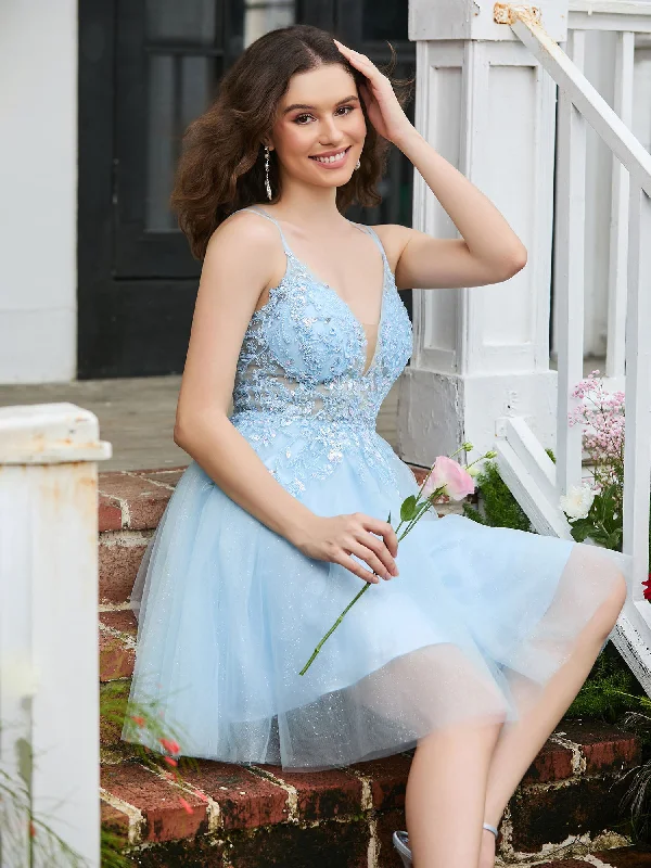 Lace Adorned Corset Bodice Top Graduation Dress Sky Blue