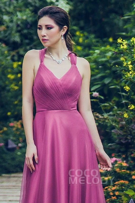 Sheath-Column Floor Length Tulle Bridesmaid Dress PR3496