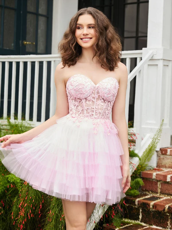 Sheer Applique Corset Tiered Tulle Short HOCO Dress Blushing Pink