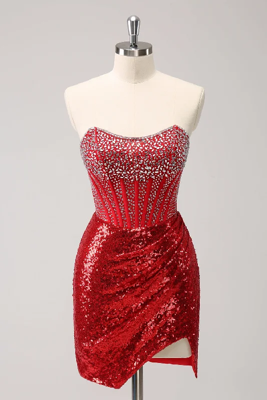 Sparkly Red Strapless Corset Sequined Beaded Tight Homecoming Dress with Slit