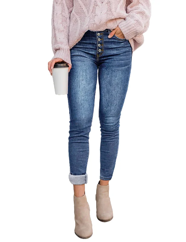 Fashionable clothing to fit every body type   Blue Fleece-Lined Button-Down Denim Skinny Jeans