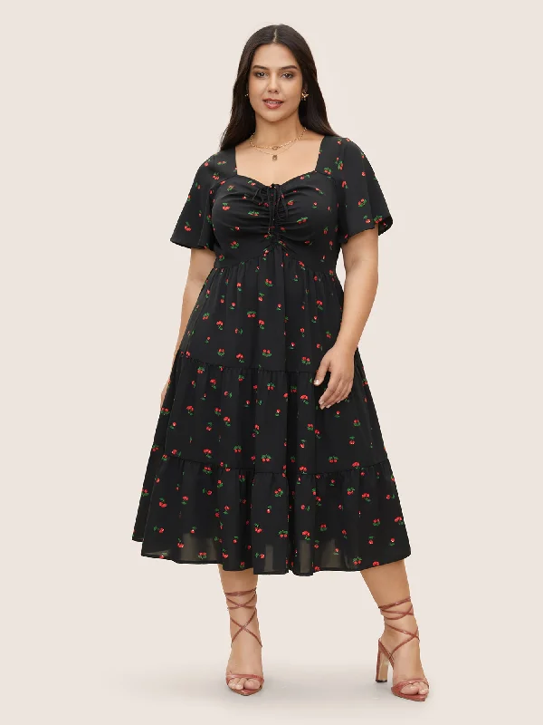 Citrus Fruit Print Heart Neckline Drawstring Pleated Dress