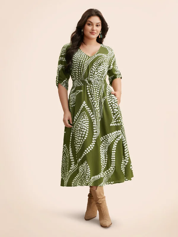 Plants Print Shirred Tab Sleeve Dress