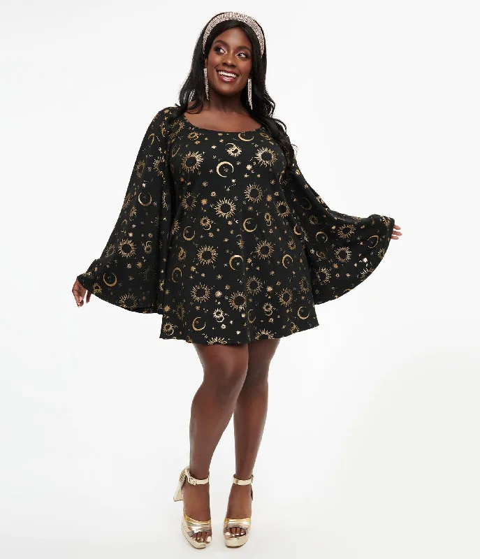 Smak Parlour 1960s Plus Size Black & Gold Celestial Print Mini Dress