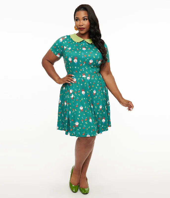 Unique Vintage Plus Size 1950s Green Gnome Print Fit & Flare Dress