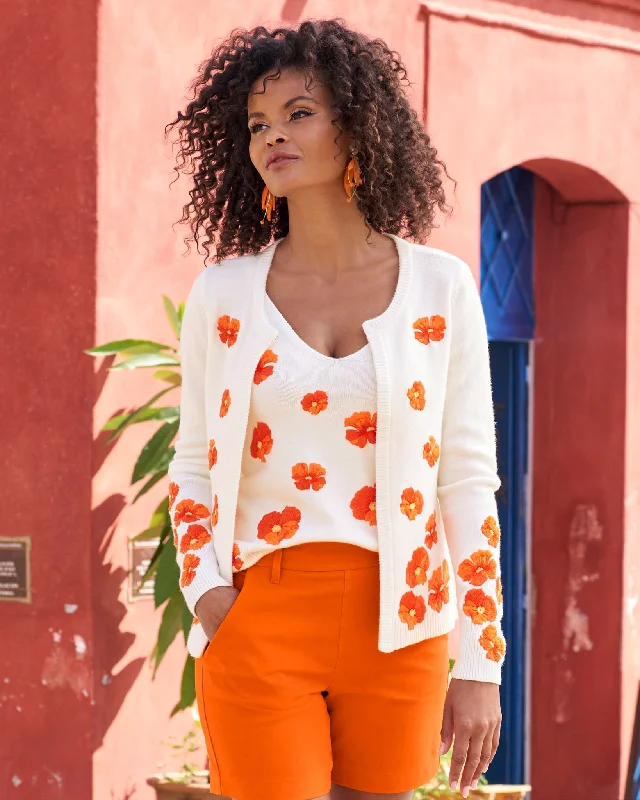 Floral Embroidered Cardigan White/Orange