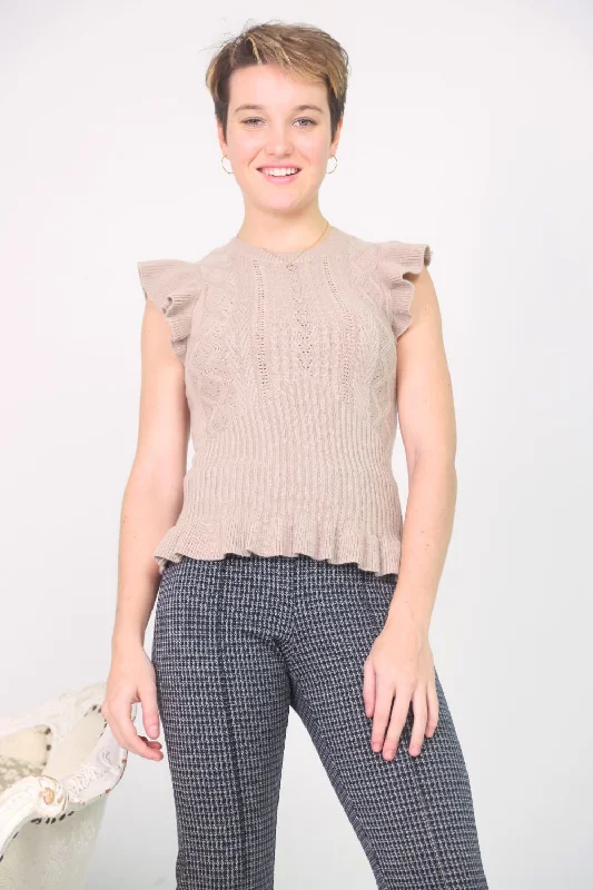 Petite Ruffle Trimmed Short Sleeve Sweater Top (Taupe)