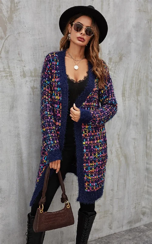 Pink mix Multi colour Speckles Boucle Check Cardigan In Navy