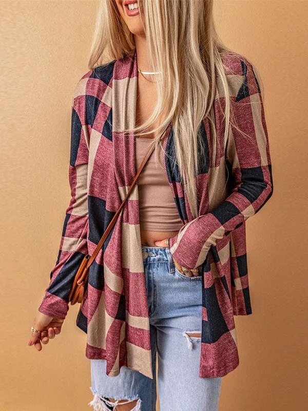 Women'S Red Plaid A-Line Cardigan With Long Sleeves