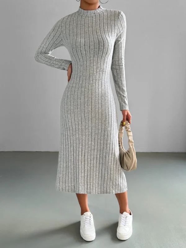 Gray Mock Neck Midi Sweater Dress with  Long Sleeve