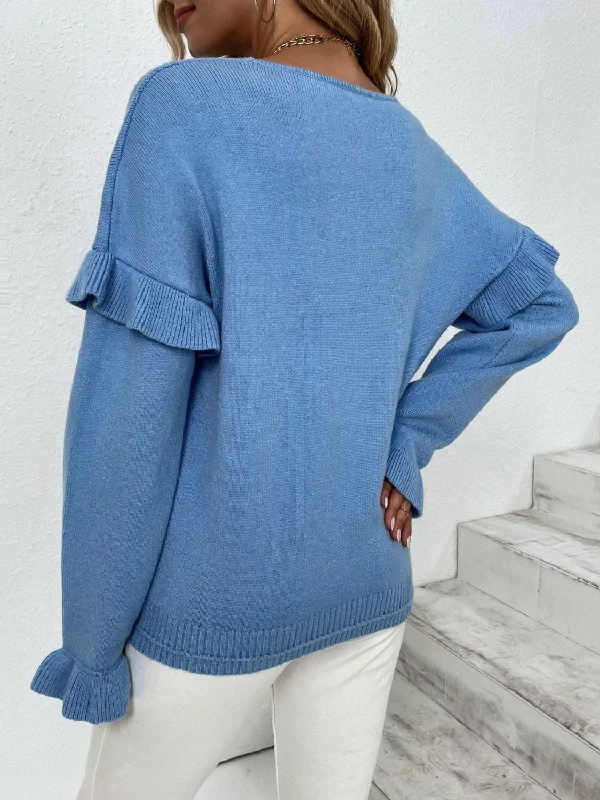 Ruffled v-neck sweater - dropped shoulders