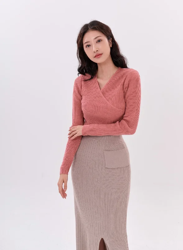 Wrap Neckline Long Sleeve Knit T-Shirt IS15