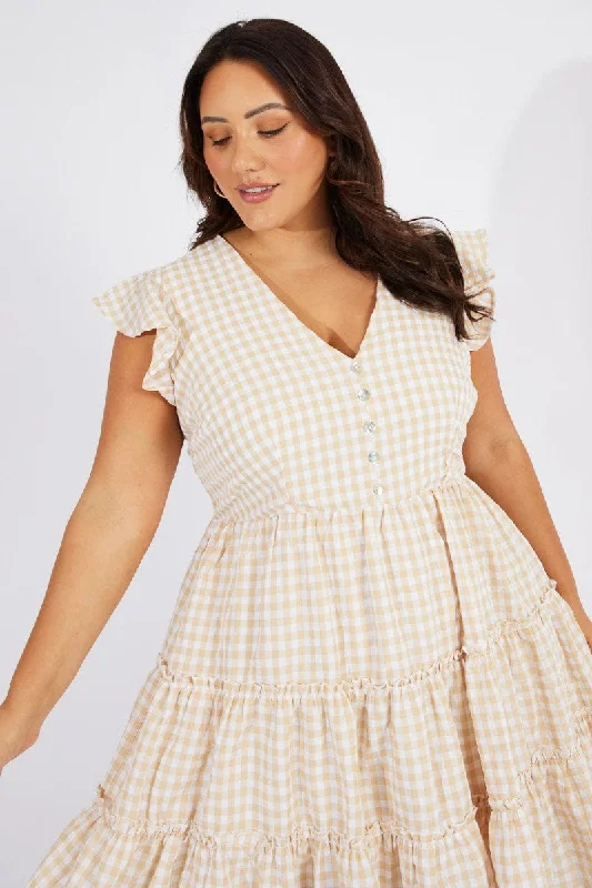 Beige Check Fit And Flare Dress Short Sleeve