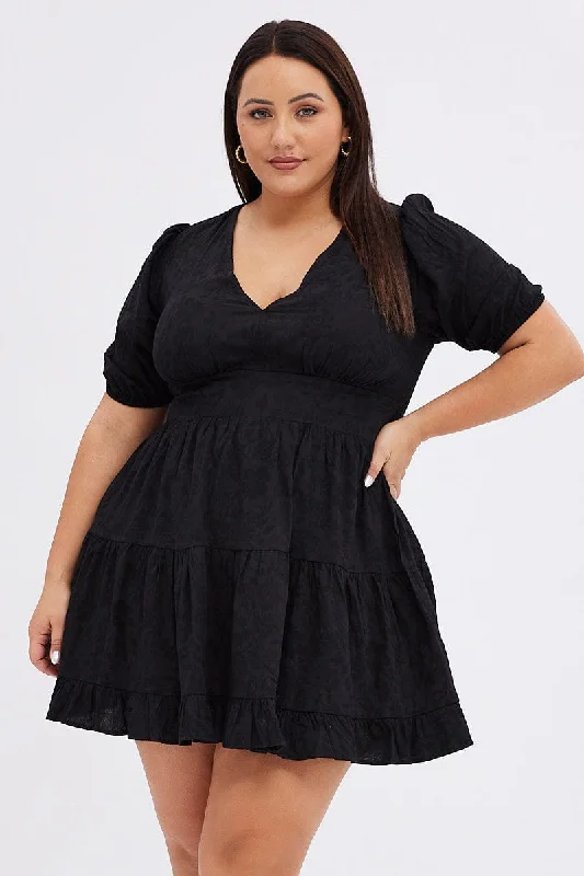 Black Skater Dress Short Puff Sleeve Textured