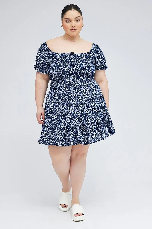 Blue Ditsy Fit And Flare Dress Short Sleeve Shirred Waist