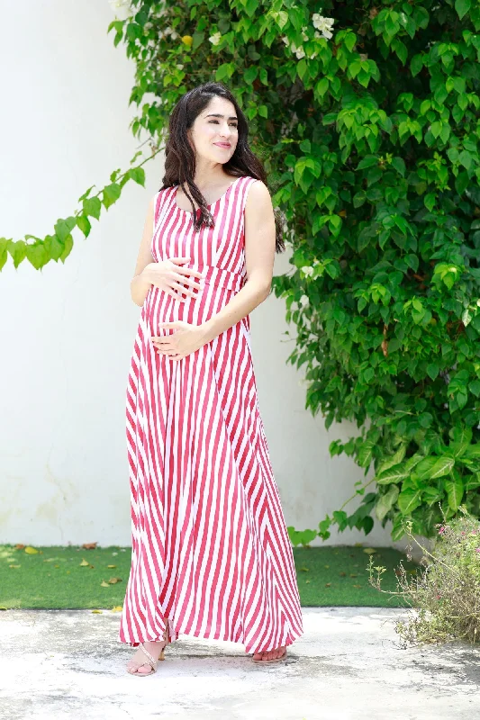 Breezy Red Striped Maternity & Nursing Long Maxi