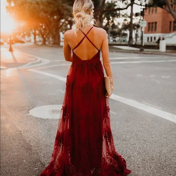Elegant casual clothing for modern women   Burgundy Cheap Prom Dresses,Lace Spaghetti Straps V-Neck Prom Gown Long   cg17220