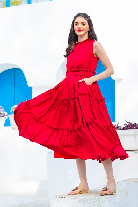 Candy Red Maternity & Nursing Concealed Zips Frill Dress