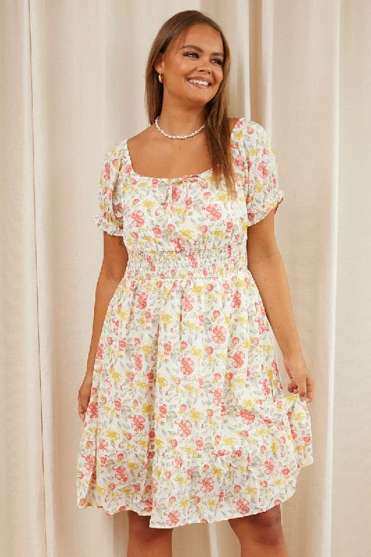 Floral Print Skater Dress Off Shoulder Short Sleeve