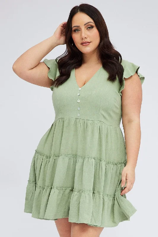 Green Fit And Flare Dress Short Sleeve Tiered