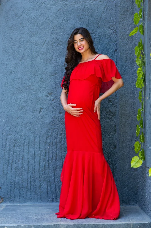 Luxe Candy Off-Shoulder Fish Cut Maternity Photoshoot Gown