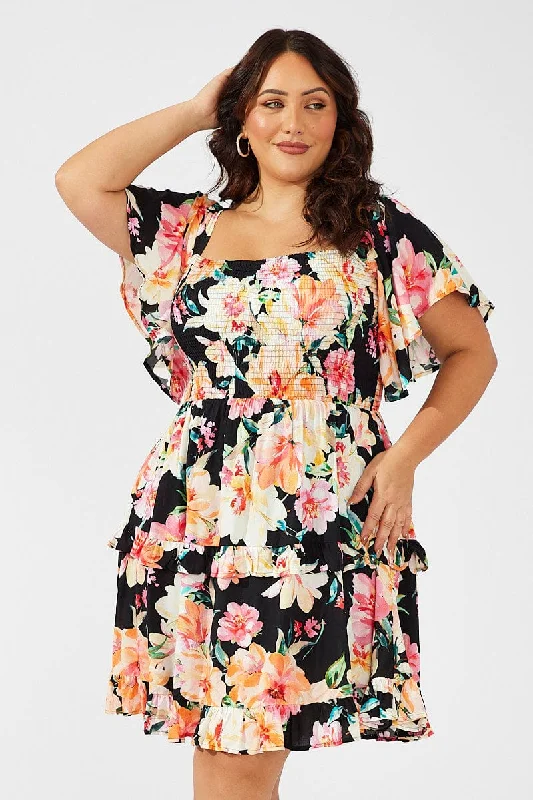 Multi Floral Frill Detail Minidress Flare Sleeve