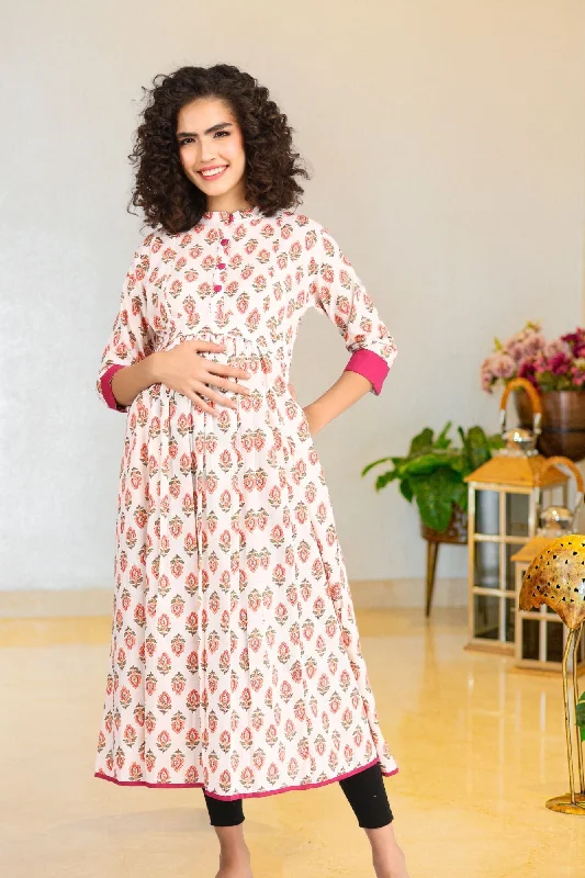 Orange White Maternity & Nursing Kurta (100% Cotton)