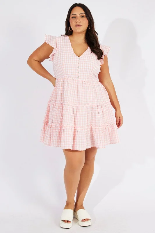 Pink Check Fit And Flare Dress Short Sleeve