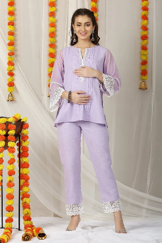 Premium Royal Lavender Maternity Pintucks Coord Set (2 Pc)