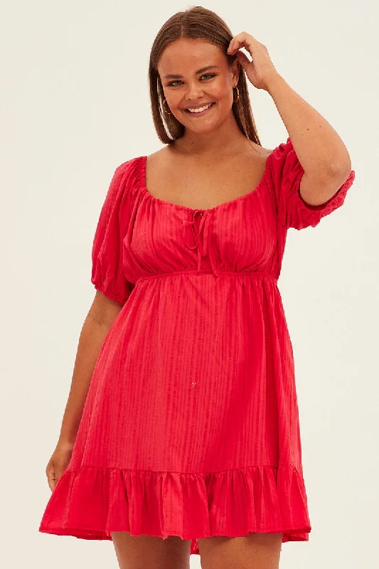 Red Fit And Flare Dress Short Sleeve Ruched Bust