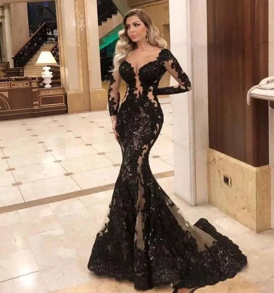 Trendy women’s clothing that suits every taste   Sexy Lace V-Neck Black Long Sleeve Party Evening prom Dress    cg17197