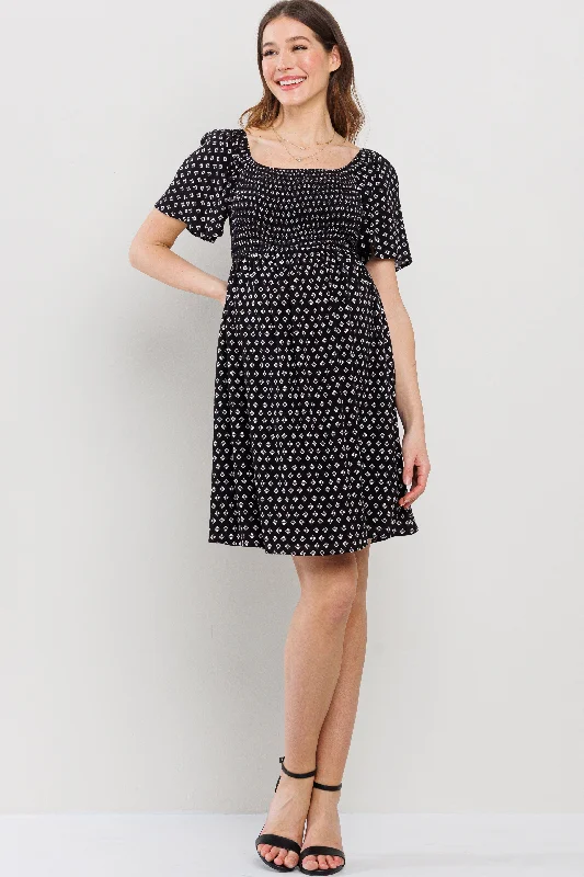 Square Neck Smocked Short Sleeve Maternity Dress