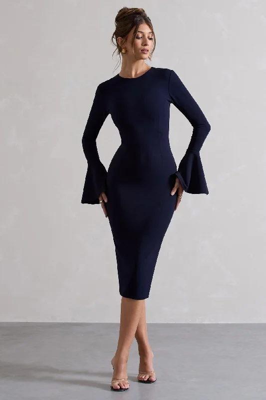 Rhyanne Navy Bodycon Flared-Sleeve Midi Dress