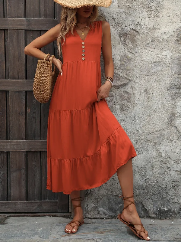 Get noticed with eye-catching women’s fashion   Decorative Button Notched Sleeveless Dress