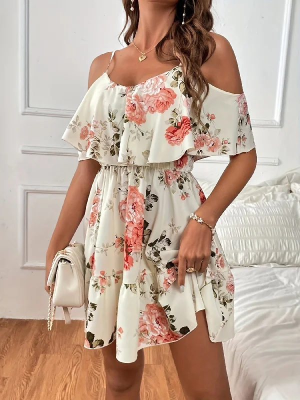 Fashionable clothing to fit every body type   Sixsr  Floral Print Cold Shoulder Dress, Casual Ruffle Trim Dress For Spring & Summer, Women's Clothing