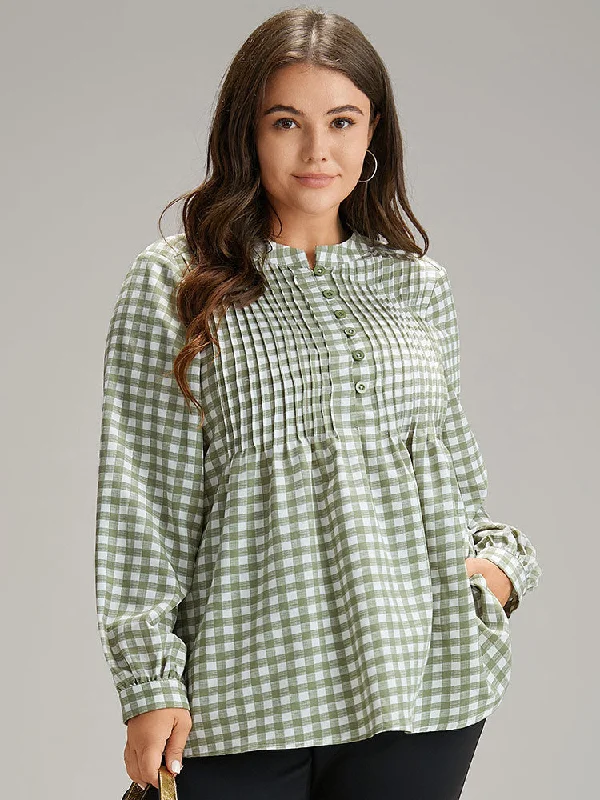 Gingham Pleated Button Up Lantern Sleeve Blouse