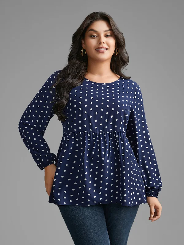 Polka Dot Gathered Lantern Sleeve Blouse