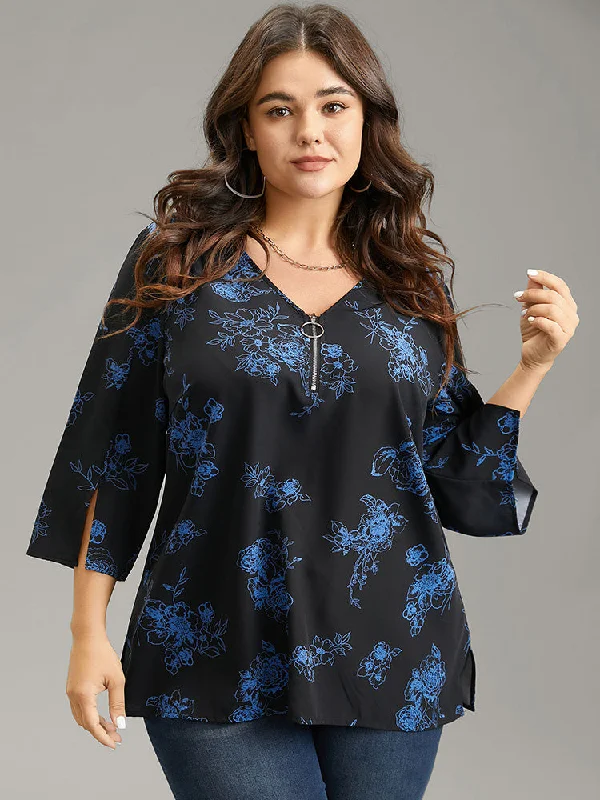 Silhouette Floral Print Half Zip Split Sleeve Blouse