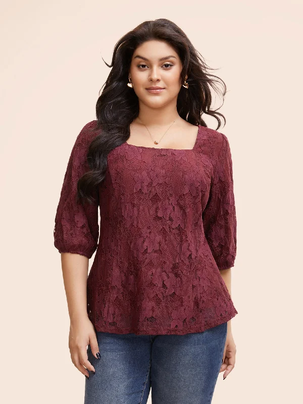 Square Neck Lace Panel Lantern Sleeve Blouse