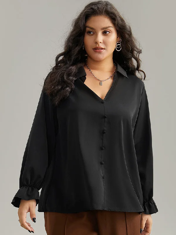 Static-Free Solid Button Detail Frill Trim Blouse