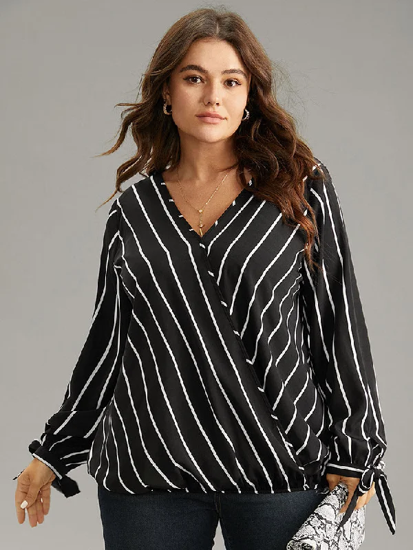 Striped Bowknot Cuffs Surplice Neck Blouse